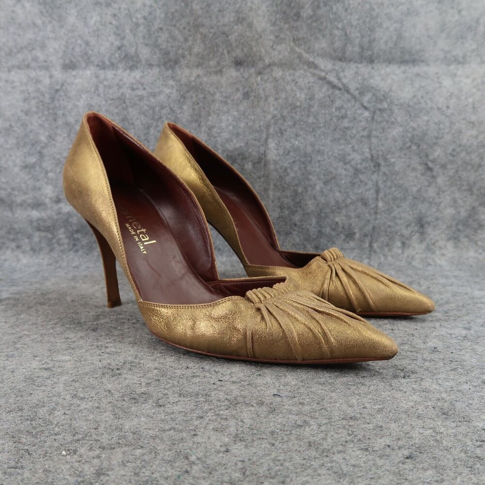 Gunmetal Shoes Womens 37.5 Pumps Fashion Stiletto Point Toe Leather Gold Formal